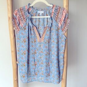 Anthropologie Current Air Ditzy Floral Romantic Feminine Ruffle Cap Sleeve Top M
